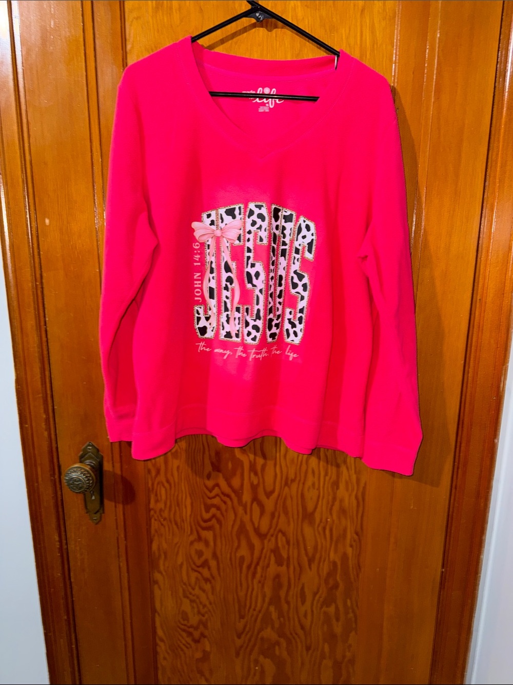 made for life Bright Pink V-Neck Sweatshirt with Leopard 'GOD' Graphic